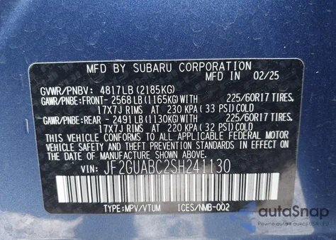 2025 Subaru Crosstrek z USA, uszkodzony, nr VIN JF2GUABC2SH241130